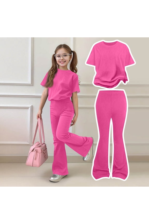 Girls Clothes Tween Girl Outfits Cute Short Sleeve T-Shirt Flared Pants 2 Piece Spring Clothes Set Hot Pink 11-12Y