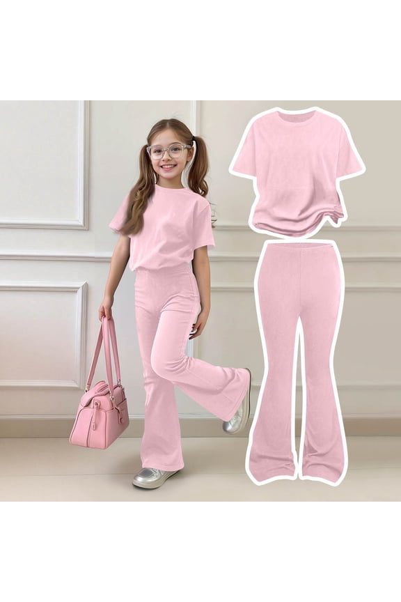 Girls' Summer 2-Piece Outfit Set Casual Short Sleeve T-Shirt + Flared Pants 2 Piece Spring Clothes Set Pink 3-4Y