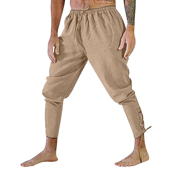BVWKPCV Men's Ankle Banded Pants Medieval Viking Navigator Pirate Costume Trousers Renaissance Gothic Pants Khaki M