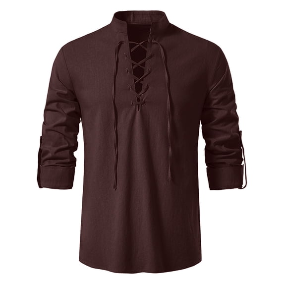 BVWKPCV Men's Cotton Long Sleeve Lace Up Vintage Shirts for Renaissance Pirate Viking Medieval Costume Coffee XXXL