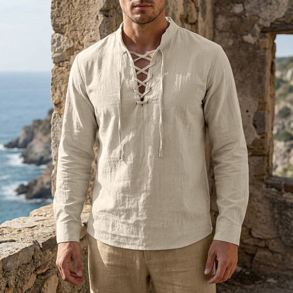 BVWKPCV Men's Long Sleeve Shirts Retro Style Lace up for Medieval,Viking,Halloween Pirate Renaissance Costume Khaki XXXL