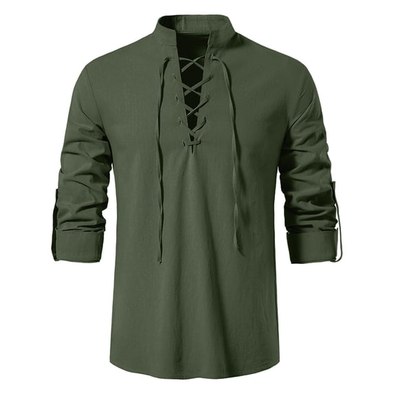 BVWKPCV Men's Line Cotton Retro Lace Up Shirts for Renaissance Pirate Medieval Viking Army Green XL