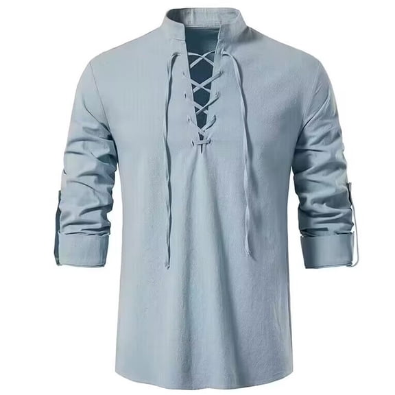 BVWKPCV Mens Renaissance Shirt Medieval Pirate Viking Halloween Costume Gothic Retro Long Sleeve Lace Up Shirts Light Blue XXXL