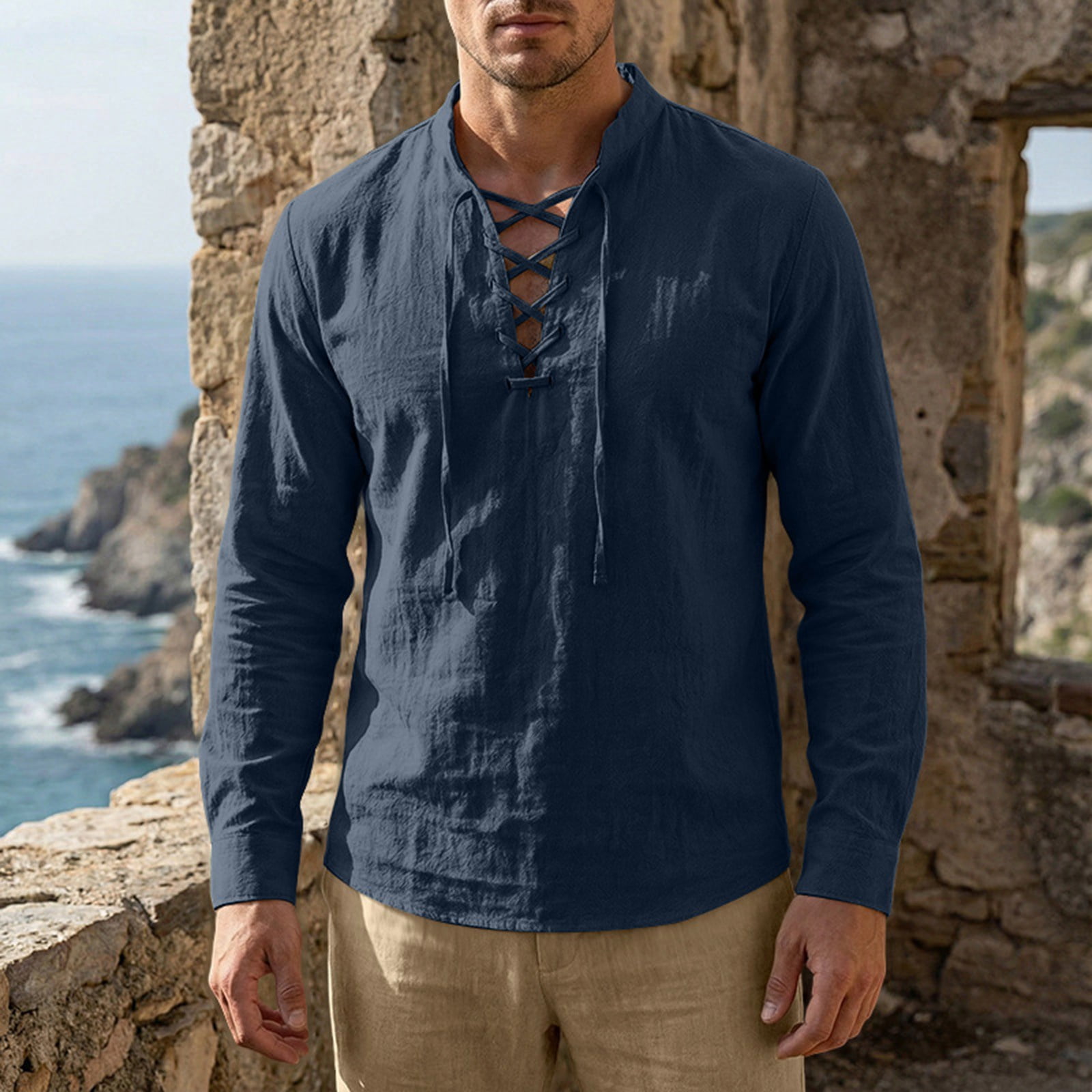 BVWKPCV Pirate Shirt Costume for Men Lace Up Long Sleeved Shirt Viking ...