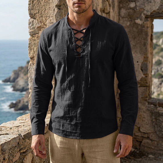 BVWKPCV Renaissance Men Costume Shirt Line Cotton, Medieval Pirate Tunic Lace-Up Viking Blouse Black XL