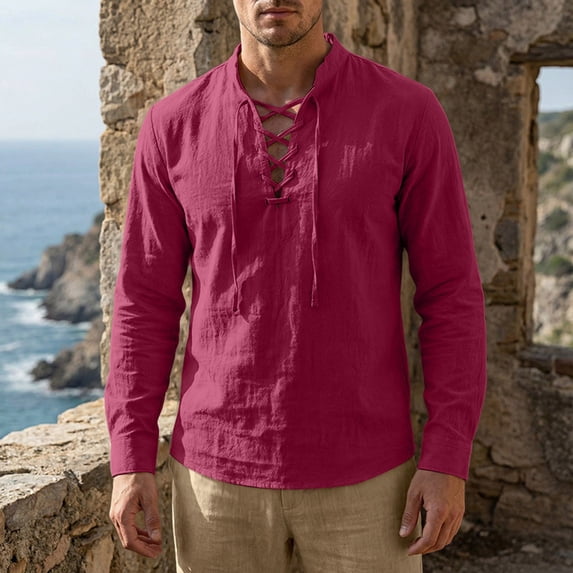BVWKPCV Renaissance Men Costume Shirt Line Cotton, Medieval Pirate Tunic Lace-Up Viking Blouse Wine L