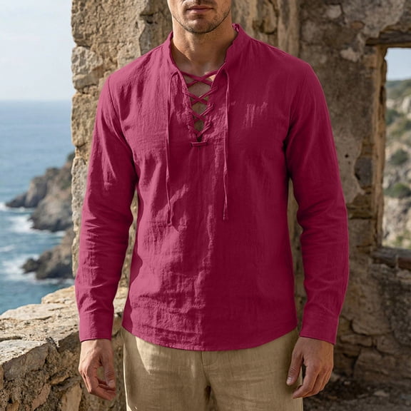 BVWKPCV Renaissance Men Costume Shirt Line Cotton, Medieval Pirate Tunic Lace-Up Viking Blouse Wine L