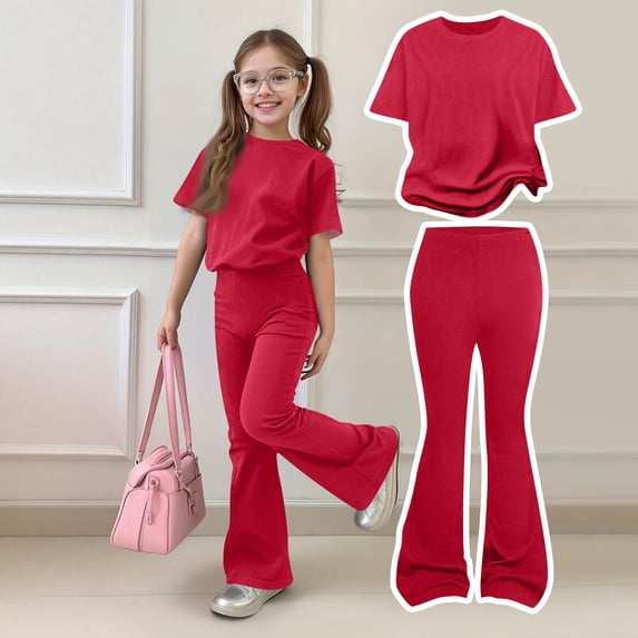 BVWKPCV Tween Girl Clothes 2 Piece Outfit Casual T-Shirt Tops & Flare Pants for Girls Outfits Size 7-14 Red 2-3Y