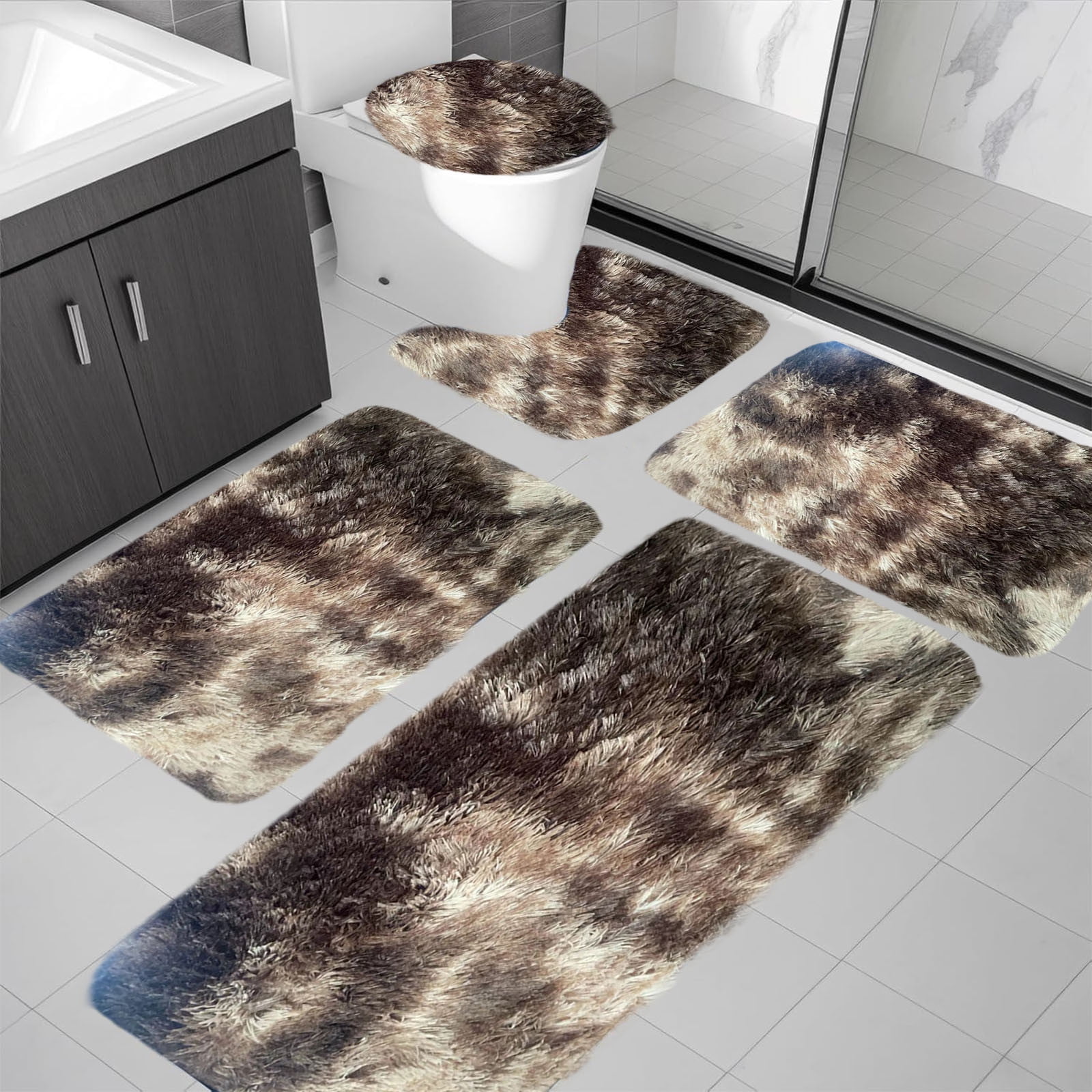 BVXEEP Bath Mat, Bathroom Rug, Mixed Colors Bath Mats 5 Set Bathroom Rugs for 5 Pcs Toilet Mats Universal Soft Comfortable Water Absorption Non-Slip Thick Machine Washable Easy Dry Dark Color
