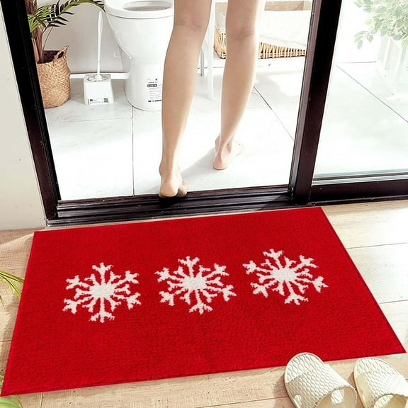 BVXEEP Bath Mat, Bathroom Rug, Red White Snowflake Bathroom Rugs 24W X 16L Non-Slip Rubber Machine Washable Soft Absorbent Bath Mat Rug Festive Bathroom Floor Mat