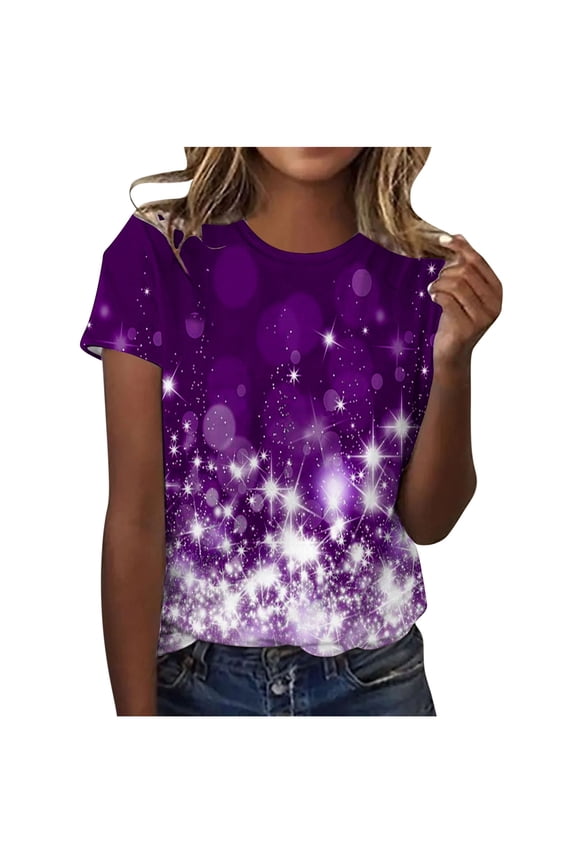 Blouses for Women Dressy Casual, Tops for Women Trendy, Women's Casual Sparkling Crystal Printed Round Neck Short Sleeved Top