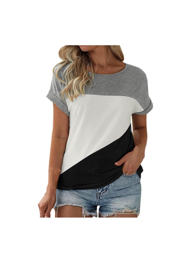 Blouses for Women Dressy Casual, Tops for Women Trendy, Women's Color Blocking Round Neck Top Short Sleeved Round Neck Top/shirt