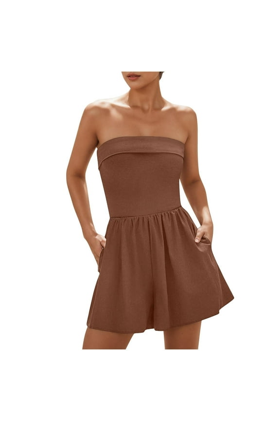 Fashion Summer Rompers for Women Summer Womens Shorts Dressy Casual Casual Strapless Tube Sleeveless Skort Short Womens Shorts Casual Jumpsuit Beach Vacation Short Jumpsuit