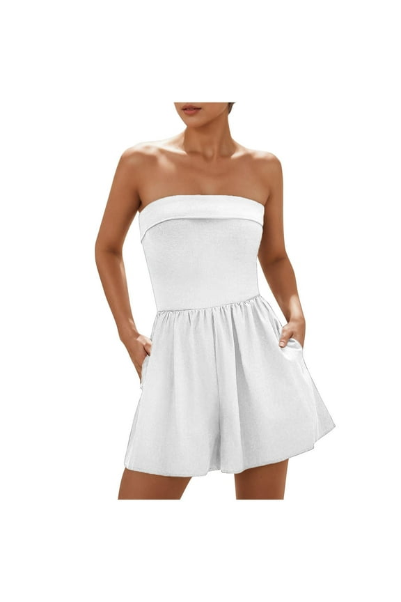 Fashion Summer Rompers for Women Summer Womens Shorts Dressy Casual Casual Strapless Tube Sleeveless Skort Short Womens Shorts Casual Jumpsuit Beach Vacation Short Jumpsuit