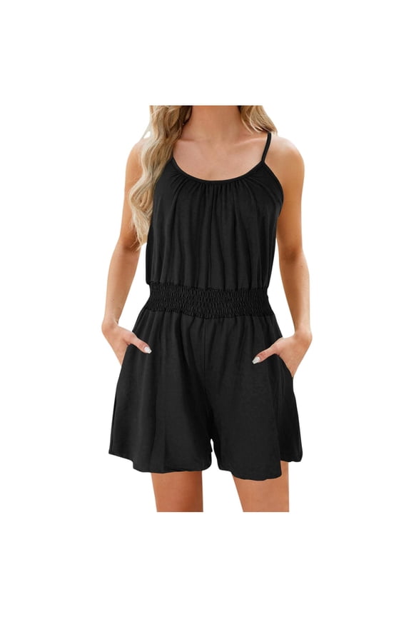 Women Solid Color Sling Elastic Summer Womens Shorts Dressy Casual Waist Pockets Short Jumpsuit Womens Shorts Casual