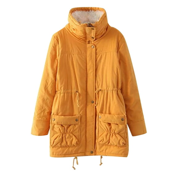 BVnarty Clearance Women's Jacket Coat Long Sleeve Thickened Plush Fleece Drawstring Pocket Winter Fashion Top Shacket Jacket Casual Lapel Lightweight Plus Size Solid Color Yellow S
