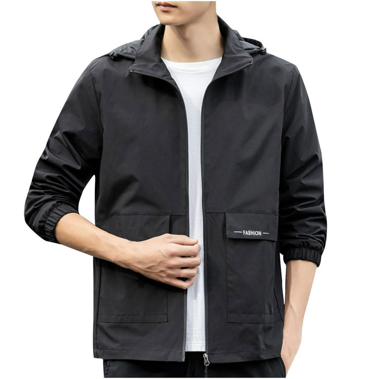 BVnarty Jackets for Men Shacket Jacket Long Sleeve Hooded Neck Solid Color  Coat Fashion Casual Ribbed Hem Pocket Sports Outwear Black XXL