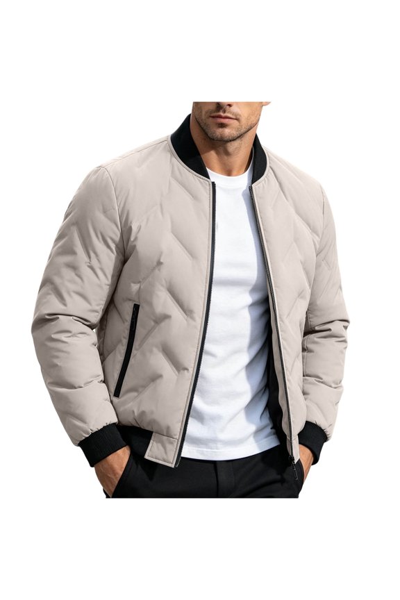 Men’S Quilted Padded Bomber Jacket, Zipper Side Pockets, Ribbed Trim, Slim Fit for Evening Walks & Game Viewing Khaki XXL