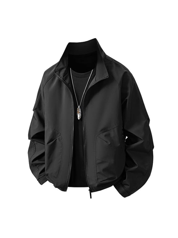 Men’S Stand Collar Raglan Sleeve Casual Utility Jacket, Hidden Side Seam Pockets, Oversized Fit for Auto Shop Runs & Lawn Care Tasks Black XXXXL