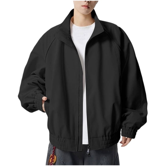 BVnarty Men’S Stand Collar Windproof Track Jacket, Elastic Waistband, Raglan Sleeve, Baggy Fit for Gym Trips & Neighborhood Runs Black XXS