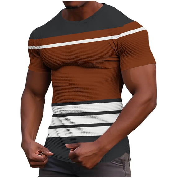 BVnarty Men Spring Summer Waffle Knit Crew Neck Short Sleeve T-Shirt Moisture-Wicking Breathable Casual Fitness Homewear Printed Tees Brown XXXXXL