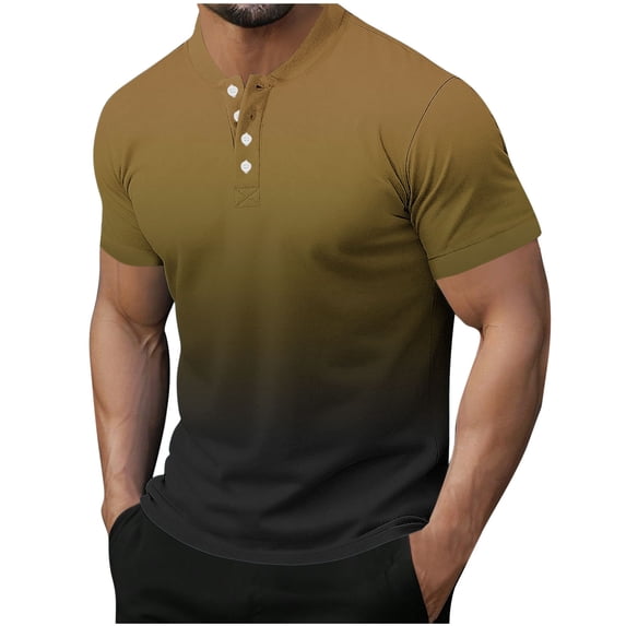 BVnarty Men Summer Gradient Fashion Short Sleeve Button Crew Neck T-Shirt Loose Casual Trendy Summer Streetwear Tops Gold XXXL