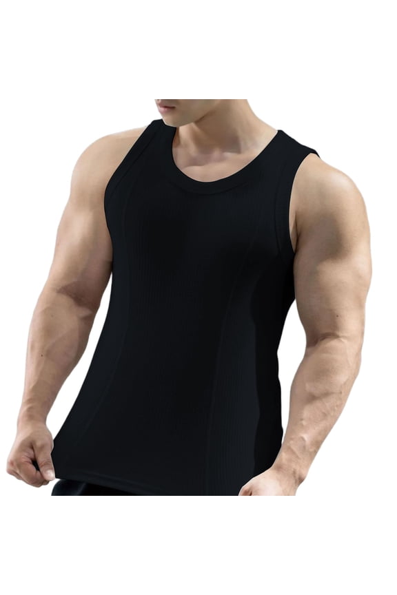Men Vertical Ribbed U-Neck Wide Strap Athletic Tank Top, Slim Fit Stretch Breathable Solid Base Layer Workout Fitness Sleeveless Muscle Shirt Black L