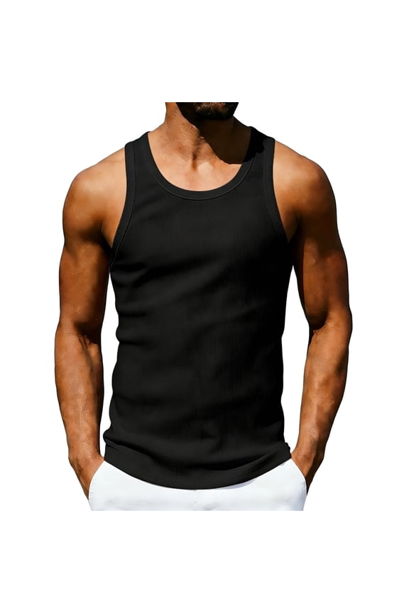 Men Wide Strap U-Neck Vertical Ribbed I-Shaped Tank Top, Stretch Sweat Wicking Compression Gym Workout Base Layer Sleeveless Muscle Tee Black L