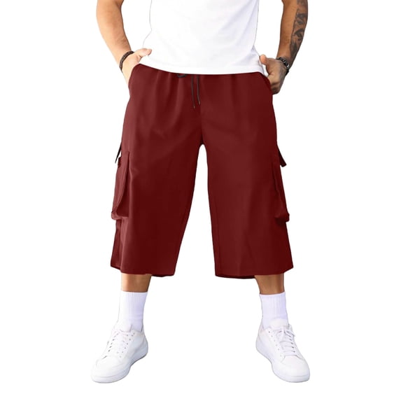 BVnarty Men's 3/4 Capri Cargo Pants Elastic Waist Drawstring Below Knee Baggy Wide Leg Casual Summer Lightweight Pants with Pockets Wine XXXL