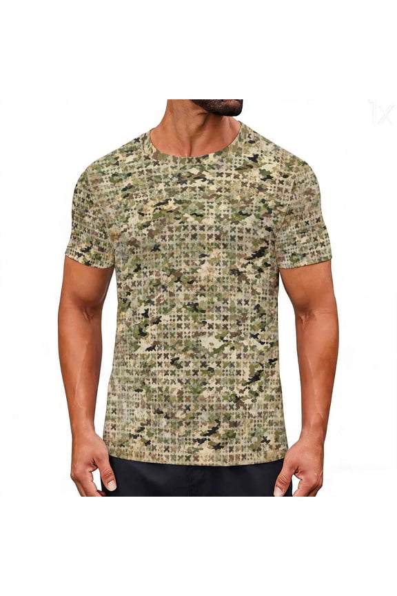 Men's Bird Element Camo Crew Neck Short Sleeve T‑Shirt, Stretchy Quick‑Dry Summer Sports Casual Tops Camouflage XXL