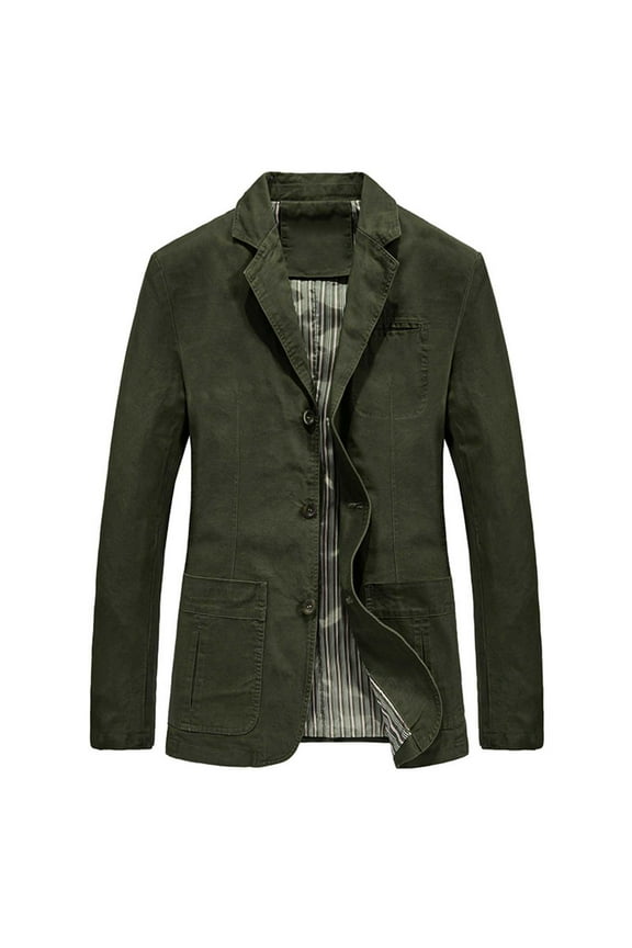Men's Blazer Cotton Linen Jacket Button Up Long Sleeve Slim Fit Business Suit Jacket (Army Green,L)