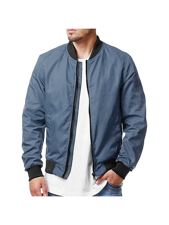 Men's Bomber Jacket Lightweight Stand Collar Baseball Flight Zip Up Windbreaker Coats with Pockets Blue M