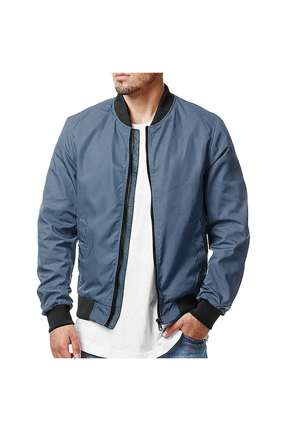 Men's Bomber Jacket Lightweight Stand Collar Baseball Flight Zip Up Windbreaker Coats with Pockets Blue XXXL