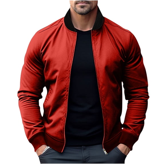 BVnarty Men's Bomber Jacket Slim Fit Lightweight Stand Collar Zipper Closure Long Sleeve Outwear with Two Side Pockets Red XL
