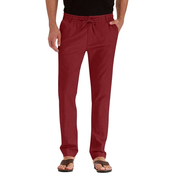 BVnarty Men's Business Casual Solid Cotton Trousers Loose Plus Size Elastic Waist Relaxed Fit Daily Commute Long Pants for All Seasons Wine M
