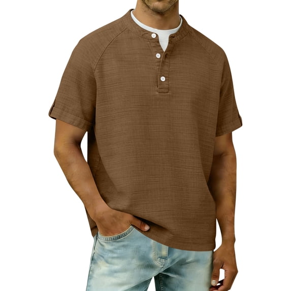 BVnarty Men's Button Placket Stand Collar Short Sleeve Shirt, Retro Relaxed‑Fit Summer Casual Tops Brown M