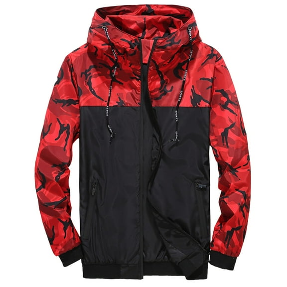 BVnarty Men's Camo Jacket Lightweight Windbreaker Hooded Zip Up Outdoor Sport Jacket (Red,XXXXXL)