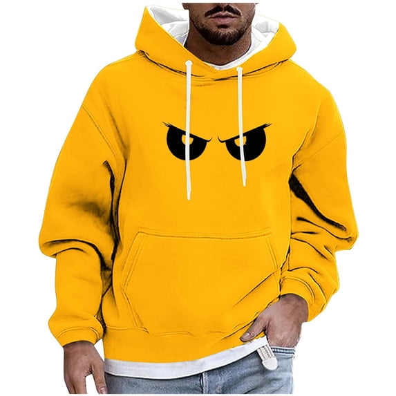 BVnarty Men's Cartoon Print Pullover Hoodie with Drawstring & Front Pocket, Loose Sweatshirt, Casual Fall Winter Daily Streetwear Hooded Top Yellow L