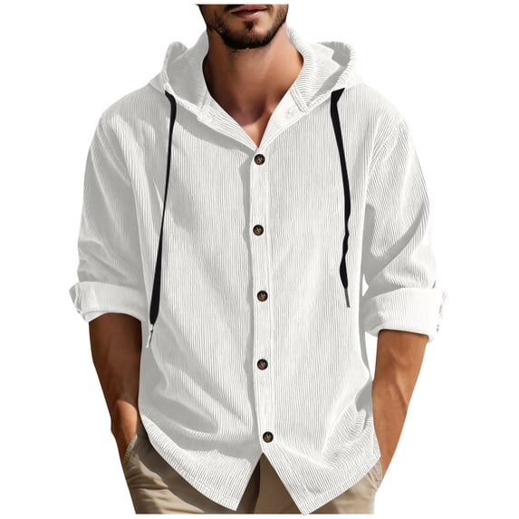 BVnarty Men's Casual Corduroy Hooded Shirt Jacket, Thin Long Sleeve Button Overshirt for Coffee Runs, Daily Errands & Spring Fall Wear White L