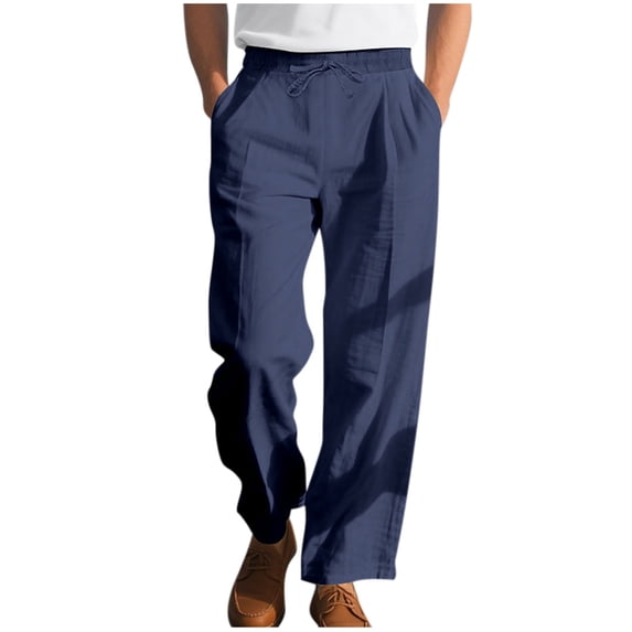 BVnarty Men's Casual Solid Beach Wide Leg Long Pants Elastic Drawstring Waist with Side Pockets Loose Lightweight Summer Leisure Navy M