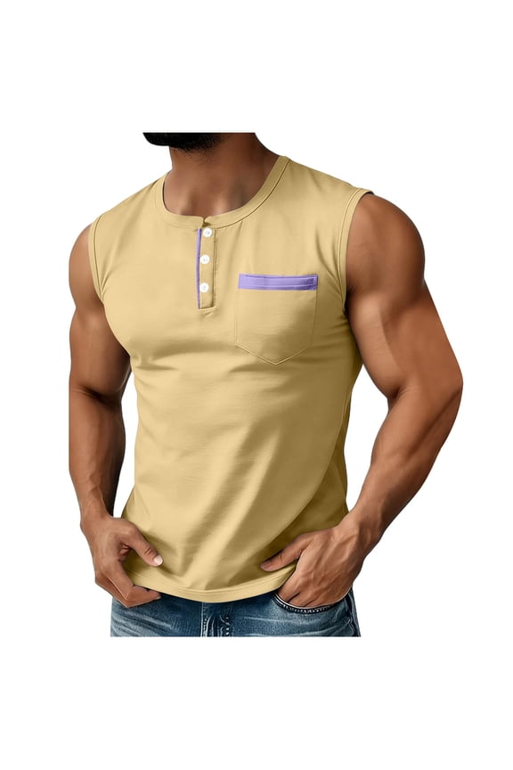 Men's Color Block Sleeveless Crew Neck Tank Top Half Button Pocket Design Casual Vest for Summer Gym Street Outdoor Daily Leisure Wear Beige L