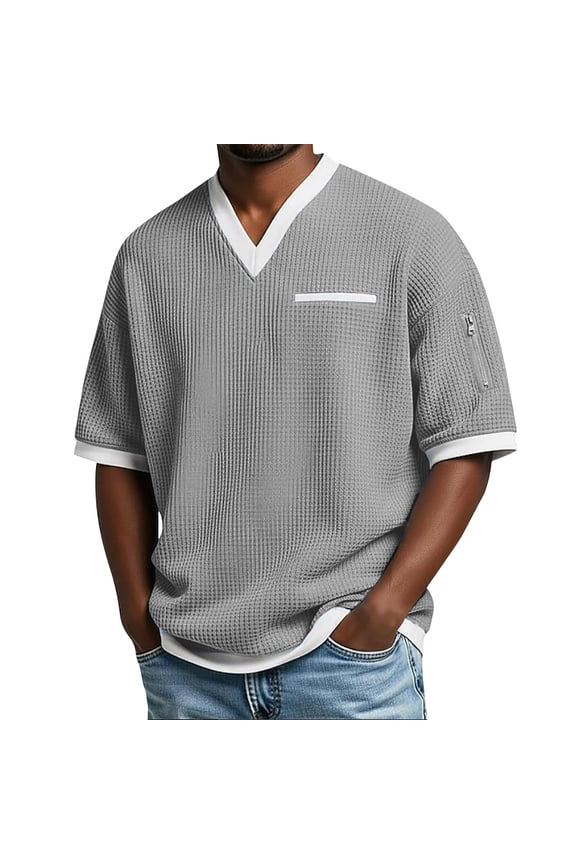 Men's Color Block Waffle Knit V-Neck Short Sleeve Casual Tee Soft Breathable Relaxed Fit Fashion Top for Summer Street Outdoor Daily Wear Gray L