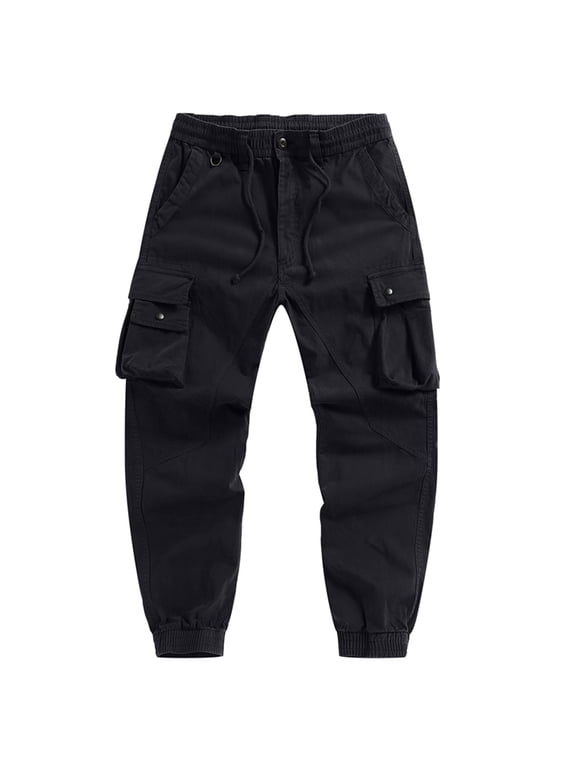 Men's Cross-Country Trail Cargo Joggers, Elastic Drawstring Waist Multi-Pocket Trousers for Outdoor Hiking & Travel Black L