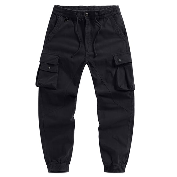 BVnarty Men's Cross-Country Trail Cargo Joggers, Elastic Drawstring Waist Multi-Pocket Trousers for Outdoor Hiking & Travel Black XS