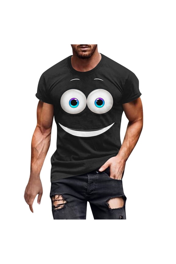 Men's Cute Smiling Big‑Eye Cartoon Crew Neck Short Sleeve T‑Shirt, Breathable Summer Party Tops Black XL