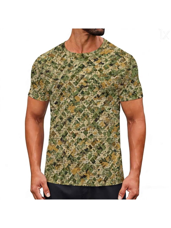 Men's Diamond Grid Camo Crew Neck Short Sleeve T‑Shirt, Quick‑Dry Trendy Summer Sports Tops Camouflage XXL