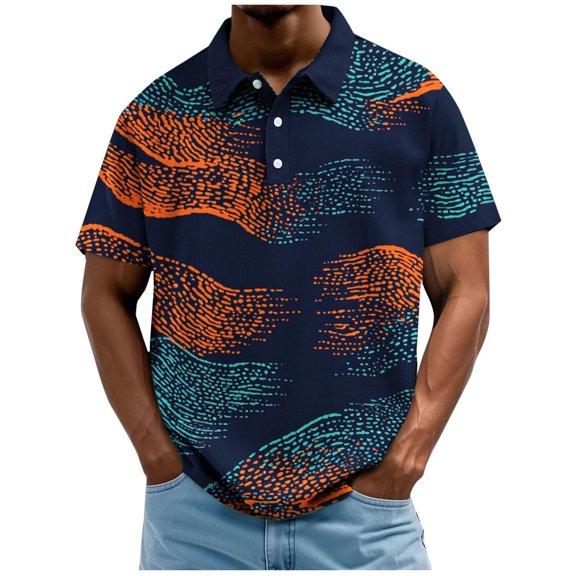 BVnarty Men’s Dot Stream Printed Collared Short Sleeve Top, Textured Loose Tee for Tropical Vacations & Weekend Cookouts Navy XL