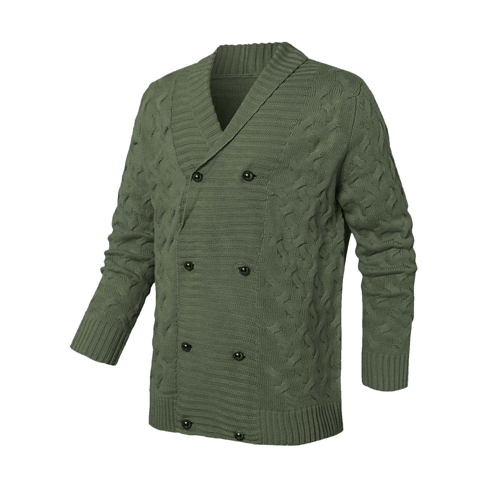 BVnarty Men s Double Breasted Cable Knit Warm Pea Coat Notched Lapel Thickened Winter Cardigan Sweater with Pockets Army Green L Walmart