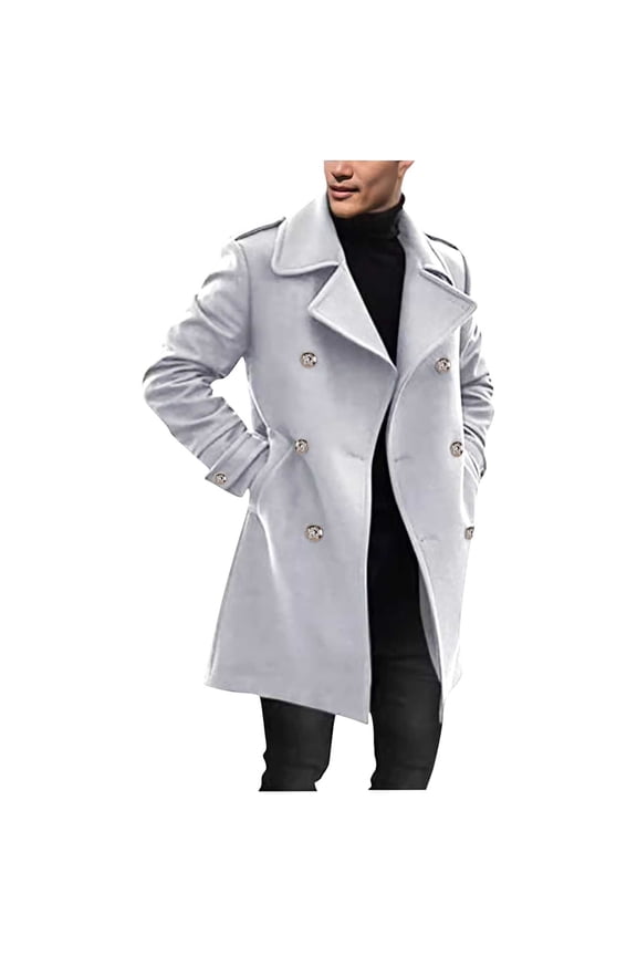 Men's Double Breasted Peacoat Winter Warm Wool Blend Trench Coat Long Sleeve Overcoat (Gray,S)