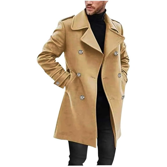 BVnarty Men's Double Breasted Peacoat Winter Warm Wool Blend Trench Coat Long Sleeve Overcoat (Khaki,S)